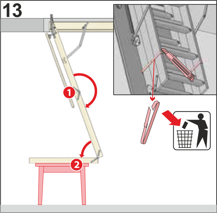 Снятие удерживающих креплений для раскрытия чердачной лестницы Дёке